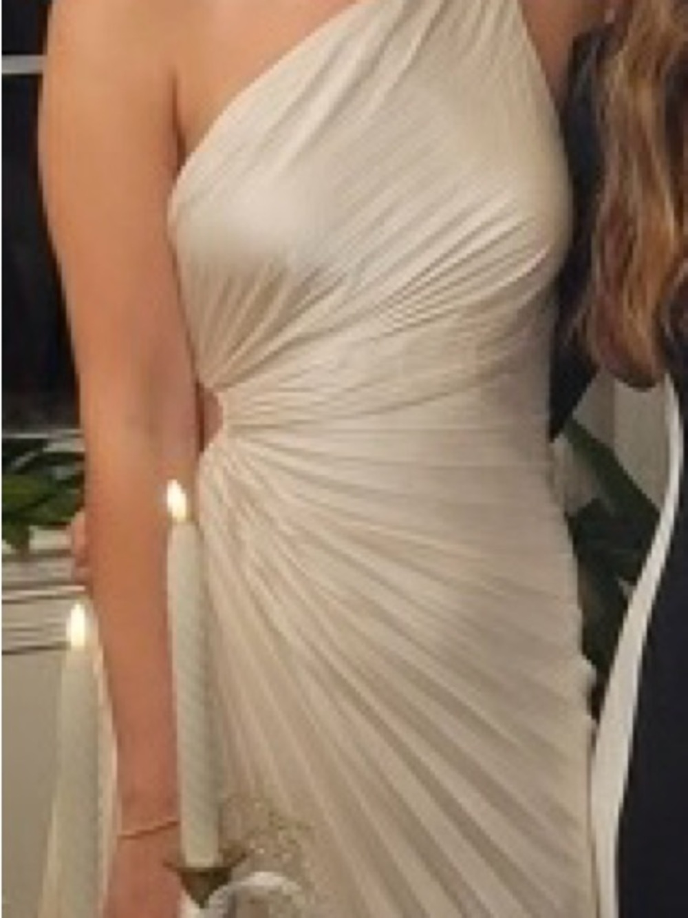 Dress Forum One-Shoulder Ruched Cream Evening Gown Size Small